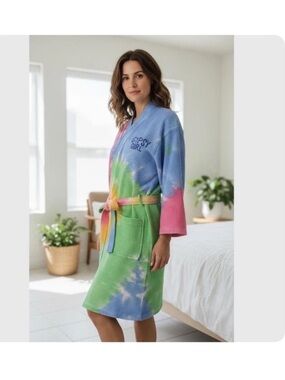 Gypsy Girl Tie-Dye Waffle Robe - Blue, Green & Pink